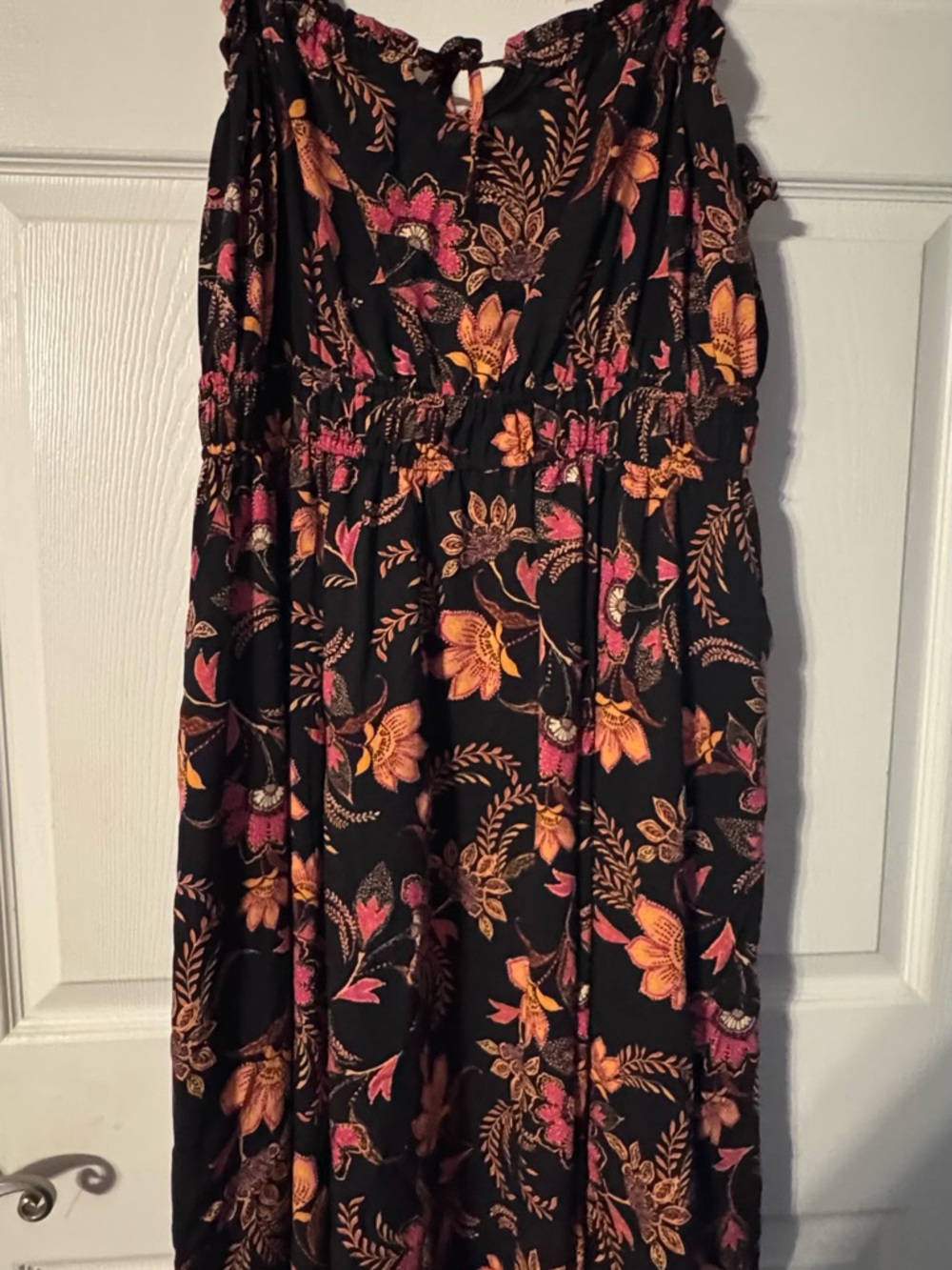 Floral Midi Dress in Black with Pink & Orange Accents